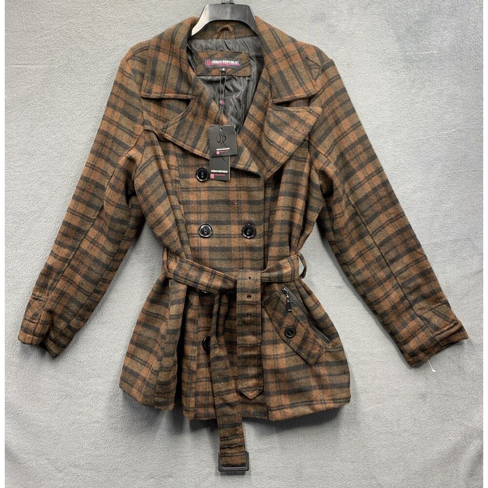Urban Republic Collection Women's Jacket Plaid Check Belted Brown Size 1X NEW - Picture 1 of 16